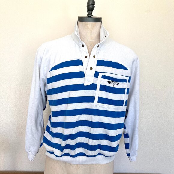 80's Trader Bay Sweatshirt - Polo Pullover - Striped - Blue & White - Size XL - Picture 1 of 7